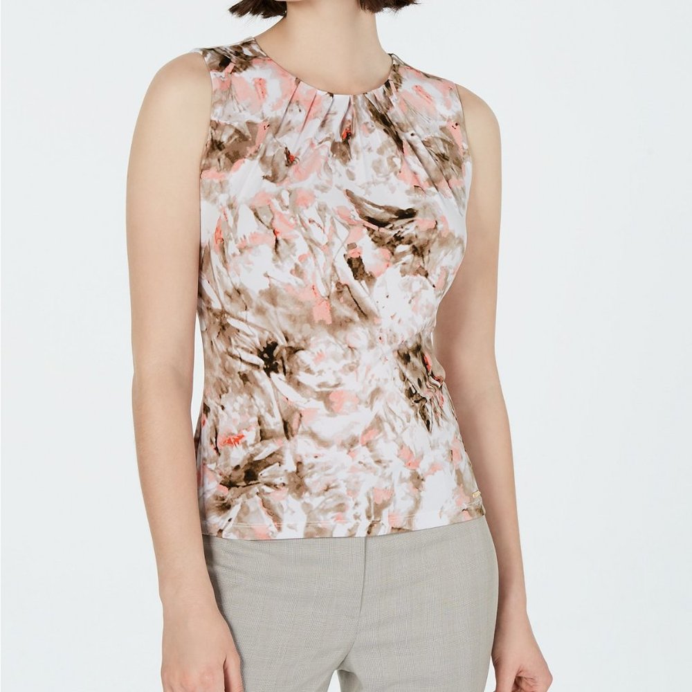 Calvin Klein Pleated-Neck Printed Top